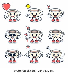 nine sets of colored cartoon coffee cups, with various styles, cute, fun, and kawaii