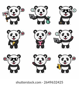 nove conjuntos de pandas coloridas de desenhos animados, com vários estilos, fofo, divertido e kawaii