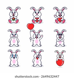 nine sets of colored cartoon rabbits in various styles, cute, happy, angry and in love