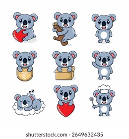 nine sets of colored koala cartoons in various styles, cute and fun