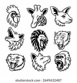 nine sets of cool animal heads including lion, wolf, gorilla, panther, kangaroo, giraffe, rooster, beaver, fox