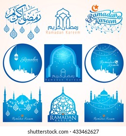 Nine sets of Ramadan Kareem emblem for badges and islamic holiday icon for greeting and banner design - Translation of text : Ramadan Kareem - May Generosity Bless you during the holy month