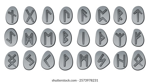 Nine sets of runes of different colors. Runic alphabet, futhark. Writing of the ancient Germans and Scandinavians. Mystical symbols. Esoterics, occultism, magic. Fortune telling, predicting the future