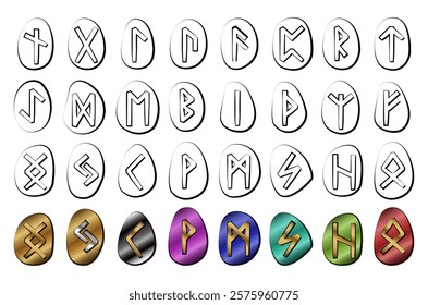 Nine sets of runes of different colors. Runic alphabet, futhark. Writing of the ancient Germans and Scandinavians. Mystical symbols. Esoterics, occultism, magic. Fortune telling, predicting the future