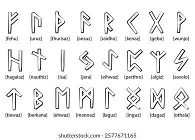 Nine sets of runes of different colors. Runic alphabet, futhark. Writing of the ancient Germans and Scandinavians. Mystical symbols. Esoterics, occultism, magic. Fortune telling, predicting the future