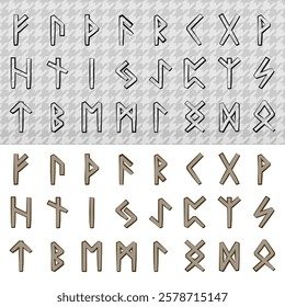 Nine sets of runes of different colors. Runic alphabet, futhark. Writing of the ancient Germans and Scandinavians. Mystical symbols. Esoterics, occultism, magic. Fortune telling, predicting the future