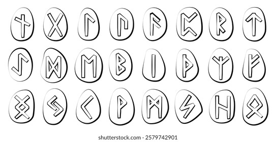 Nine sets of runes of different colors. Runic alphabet, futhark. Writing of the ancient Germans and Scandinavians. Mystical symbols. Esoterics, occultism, magic. Fortune telling, predicting the future