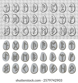 Nine sets of runes of different colors. Runic alphabet, futhark. Writing of the ancient Germans and Scandinavians. Mystical symbols. Esoterics, occultism, magic. Fortune telling, predicting the future