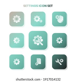 Neun SETTING-Symbole in einem Set mit weißer Farbe auf Farbverlauf-Hintergrund und weißem Hintergrund. Vektorgrafik