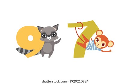 Nine and Seven Numbers with Cute Raccoon and Monkey, Birthday Anniversary Numerals with Funny Animals Cartoon Vector Illustration