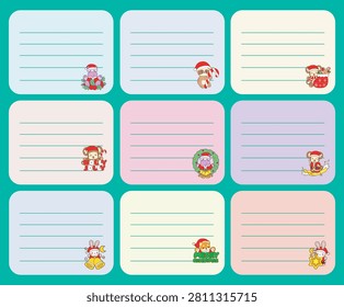 nine sheet of columns of sticky notes with animal series christmas theme with sloth bring candy cane and Hippo in the door decoration with tosca background 
