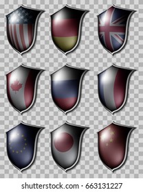 nine shields with images on them with flags of different countries