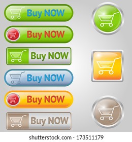 Nine shiny buy buttons with text and cart.