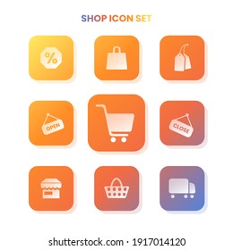 Nine SHOP icons in one set with white color on gradient and white background. Vector illustration