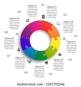 Nine sided 3d round puzzle presentation. Abstract puzzle infographic template explanatory text field for business statistics. Vector 9 pieces puzzles illustration. Section nine compare service banner
