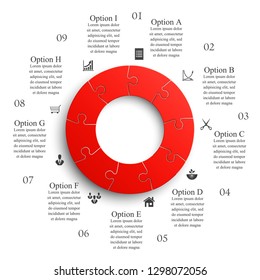 Nine sided 3d round puzzle presentation. Abstract puzzle infographic template explanatory text business statistic. Vector 9 pieces puzzles illustration. Section nine circle compare service banner