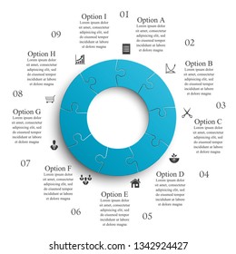 Nine sided 3d round puzzle presentation. Abstract puzzle infographic template explanatory text business statistic. Vector 9 pieces puzzles illustration. Section nine circle compare service banner