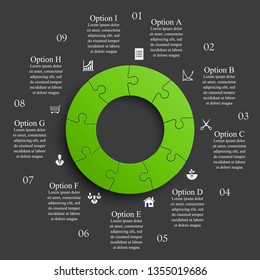 Nine sided 3d round puzzle presentation. Abstract puzzle infographic template explanatory text business statistic. Vector 9 pieces puzzles illustration. Section nine circle compare service banner