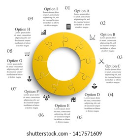 Nine sided 3d round puzzle presentation. Abstract puzzle infographic template explanatory text business statistic. Vector 9 pieces puzzles illustration. Section nine circle compare service banner