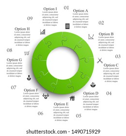 Nine sided 3d round puzzle presentation. Abstract puzzle infographic template explanatory text business statistic. Vector 9 pieces puzzles illustration. Section nine circle compare service banner