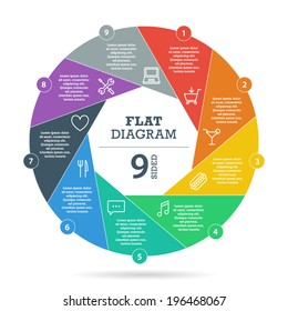 Nine sided flat shutter diagram template for your business presentation with text areas and icons. Vector infographic graphic design.