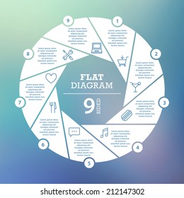 Nine sided flat shutter diagram template for your business presentation with text areas and icons. Vector infographic graphic design.