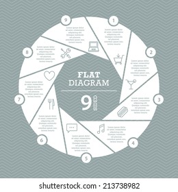 Nine sided flat shutter diagram template for your business presentation with text areas and icons. Vector infographic graphic design.