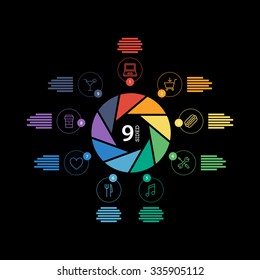 Nine sided flat shutter diagram template for your business presentation with text areas and icons. Editable vector infographic graphic design. Black background.