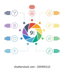 Nine sided flat shutter diagram template for your business presentation with text areas and icons. Editable vector infographic graphic design. White background.