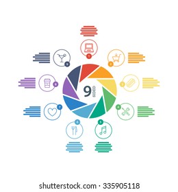 Nine sided flat shutter diagram template for your business presentation with text areas and icons. Editable vector infographic graphic design. White background.