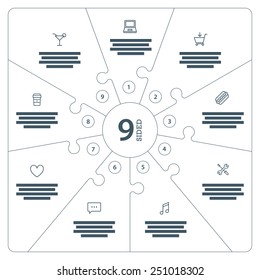 Nine sided, numbered flat line puzzle presentation infographic chart with explanatory text field isolated on white background. Vector graphic template.