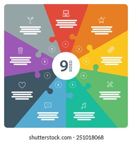 Nine sided, numbered flat rainbow spectrum colored puzzle presentation infographic chart with explanatory text field isolated on white background. Vector graphic template.