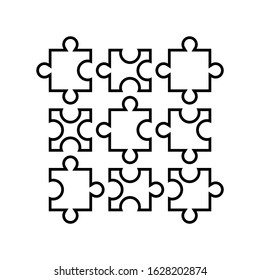 Nine sided square puzzle presentation. Abstract silhouette puzzle infographic template explanatory text field business statistics. 9 pieces puzzles illustration. Section nine compare service banner