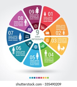 Nine sides infographic template, a vector chart with 9 options used for web, banners, and brochures.