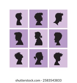 Nine silhouette portraits are arranged on purple squares, showing various hairstyles