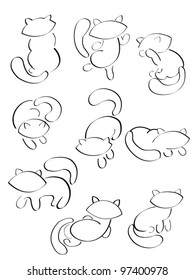Nine silhouettes of cats, an abstraction. Different moods,various characters