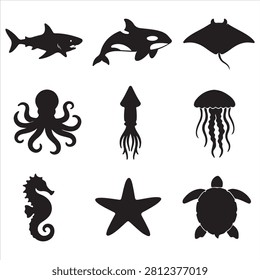 Nine silhouettes of iconic marine creatures in black and white