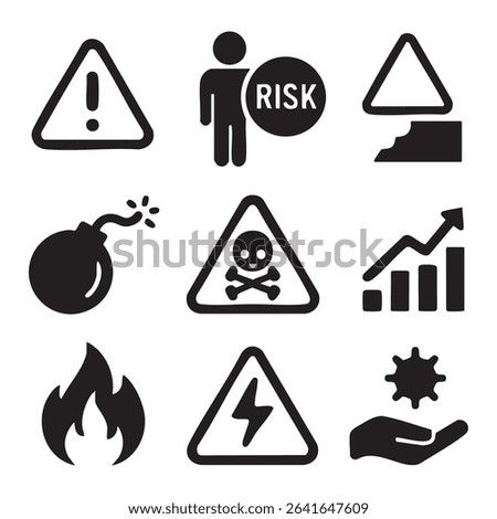 Nine simple black icons depicting various risks: exclamation, person with risk, landslide, bomb, skull, growth chart, fire, lightning, and virus.