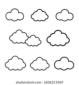 Nine simple, black outline cloud icons set, perfect for weather apps or design elements.