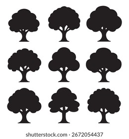 Nine Simple Black Silhouette Tree Icons: Nature, Ecology, and Environmental Graphic Design Elements.