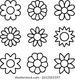 Nine simple, black and white flower icons; various shapes and petal counts.