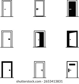 Nine Simple Door Icons: Open, Closed, and Various Styles, Black and White Minimalist Vector Graphics.