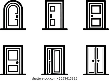 Nove ícones de porta simples: abertos, fechados e vários estilos, gráficos vetoriais minimalistas em preto e branco.