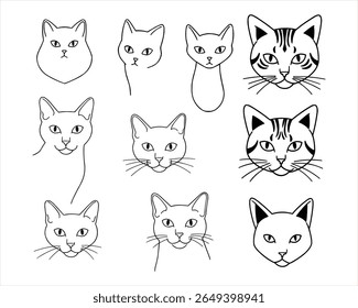 Nine Simple Line Art Cat Head Illustrations, This image features nine different stylized line drawings of cat heads.