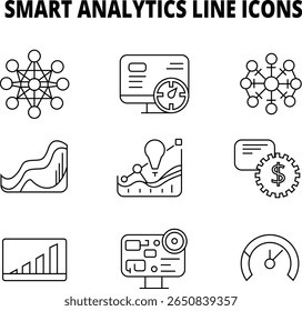 Nine simple line icons representing various aspects of smart analytic
