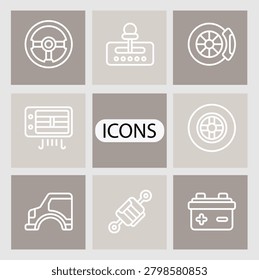 Nine simple line icons showing steering wheel bus tire dashboard crosshair truck wrench jack battery