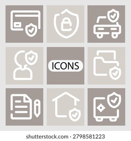 Nine simple line icons showing security concepts with shields and checkmarks on transparent background