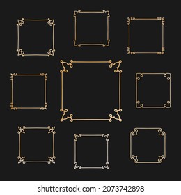 Nine simple square frames with some ornament as the border collection. Set of golden outline frames on black background for decorating design, card, invitation, etc. Vector linear elements