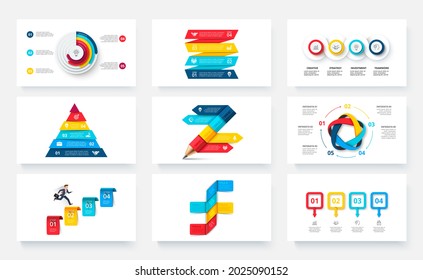 Nine slides with infographics elements for business presentation. Vector info graphic design templates. Concept with 3, 4, 5 and 6 options, parts or steps.