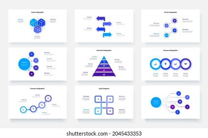 Nine slides with infographics elements for business presentation. Vector info graphic design templates. Concept with 3, 4, 5 and 6 options, parts or steps.